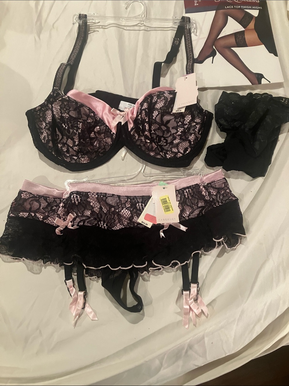 Cabernet Pink and Black Lace Lingerie Set with Garter Skirt-38D Bra & XL Panties